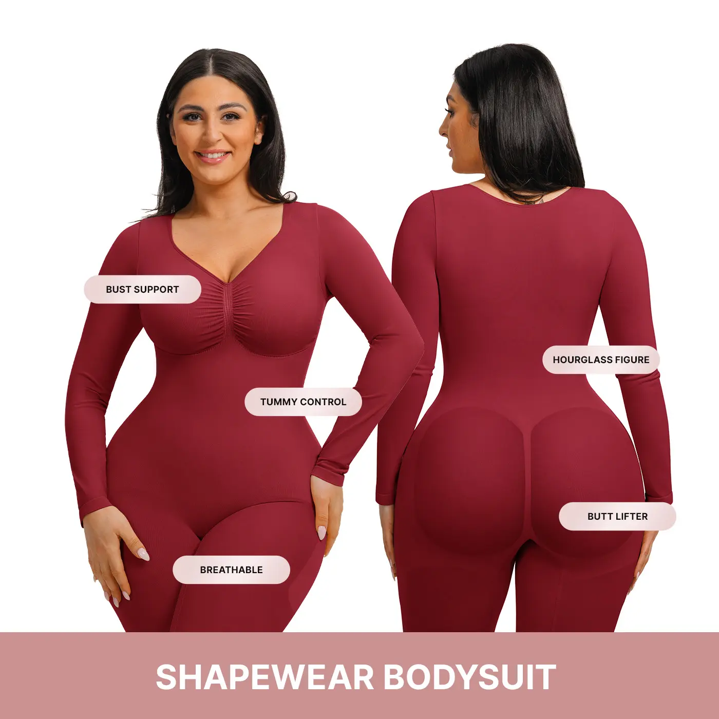 FeelinGirl Women's Long Sleeve Tummy Control Bodysuit V Neck Basic Stretchy Slim Fit Body Suits NewArrivals #SohoChic Seamless Shapewear Curvy girl friendly