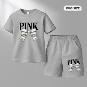 Girls' Pink Short-Sleeved T-Shirt And Shorts Set With Butterfly Print, Casual Children's Summer Clothing, Comfortable Round-Neck Outfit, Suitable For Everyday Wear And Outdoor Activities.