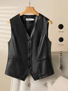 Women's PU Leather Vest Top, Single Button Front, Sleeveless V Neck, Casual Fitted Style, Spring & Fall Fashion, Moderate Fabric Thickness, Casual Comfy Vests