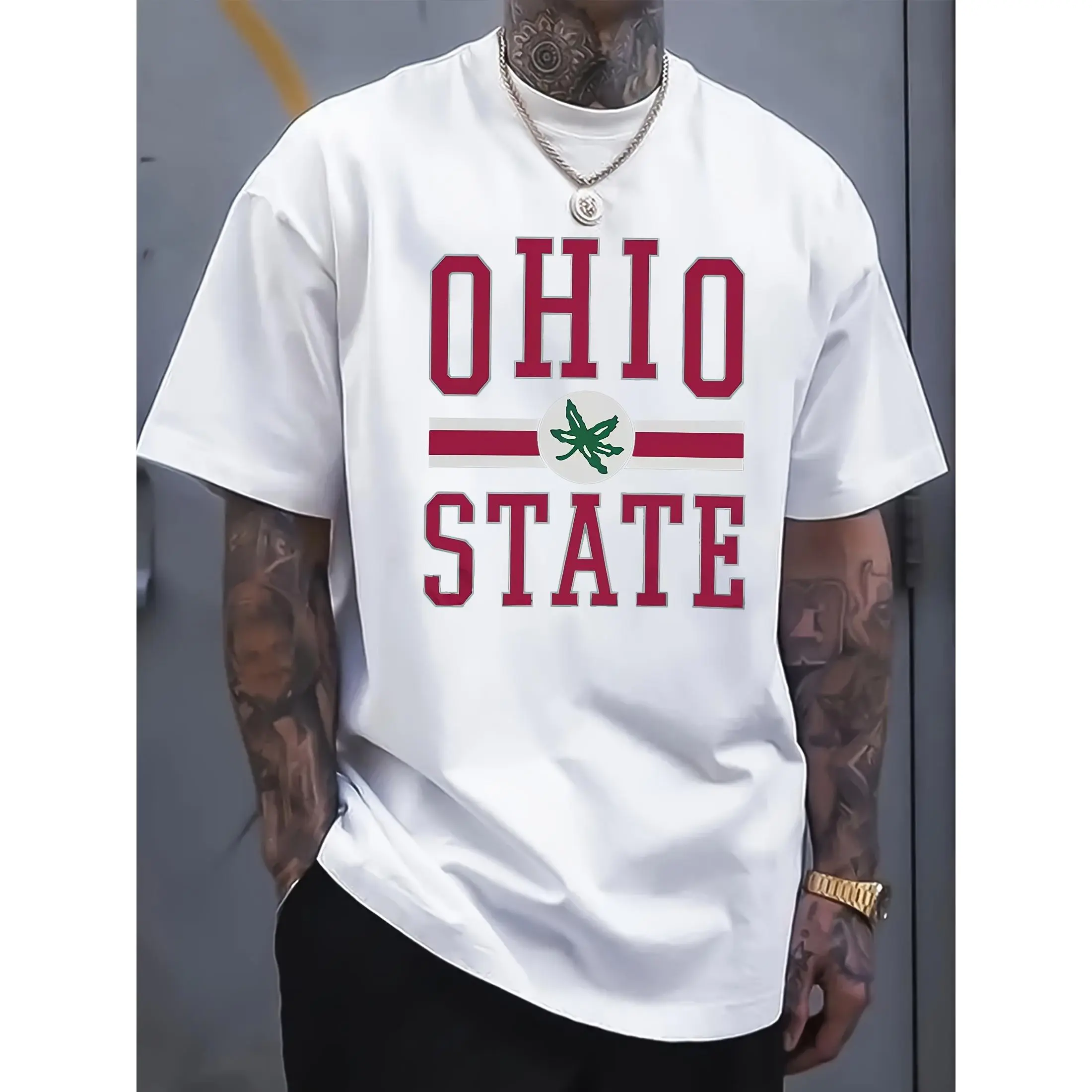 Men's Ohio State Graphic Cotton T-Shirt, Casual Crew Neck Short Sleeve Top, Stylish Basic Tee for Everyday Wear