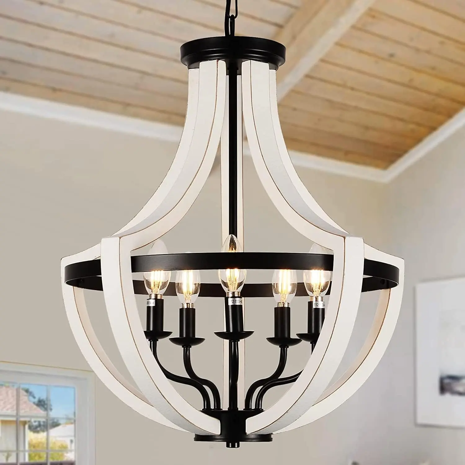 Modern White Solid Wood Chandelier for Dining Room Living Room Ceiling Hanging Light Fixture with Candle Style Design, Elegant Home Decor Lighting, 1 Pack, Home Furniture and Household Product Search Terms for US Online Shopping