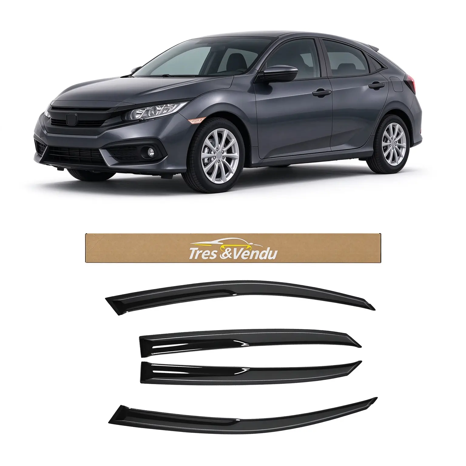 Tresvendu-For Honda Civic 4 Door Hatchback 2016-2021，4X Out-Channel Window Visors,with Water Channels，Tape-on,Smoke# Rain guard# Rainproof#Sun Shade#UV Protection# Easy-Install # Vent Shades# Car Windshield# Car Weather Shields# Wind Deflector