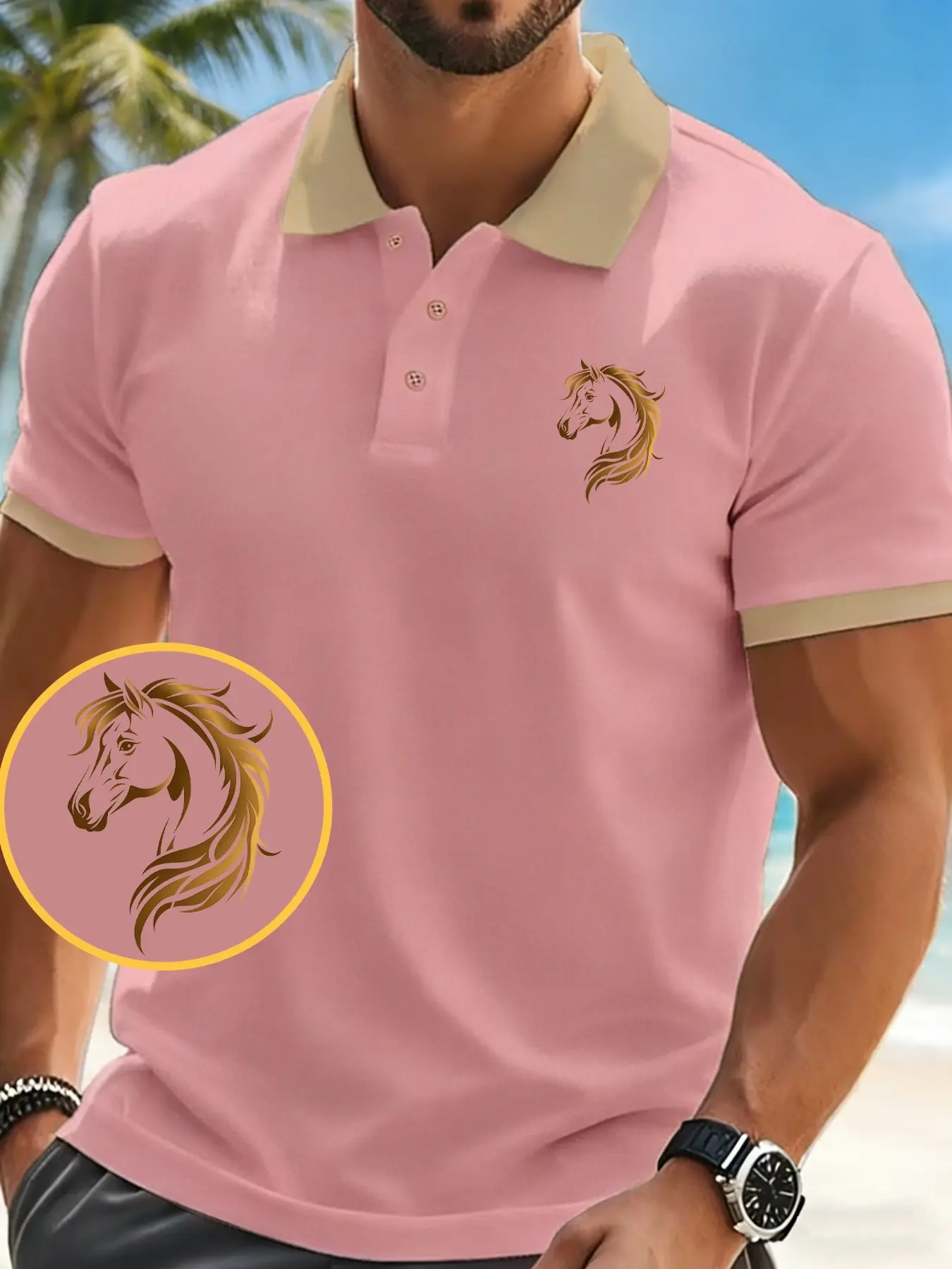 Men's Trendy Horse Head Badge Print Polo Shirt, Casual Slim-Fit Short Sleeve Top, Summer Essential Comfortable Clothing
