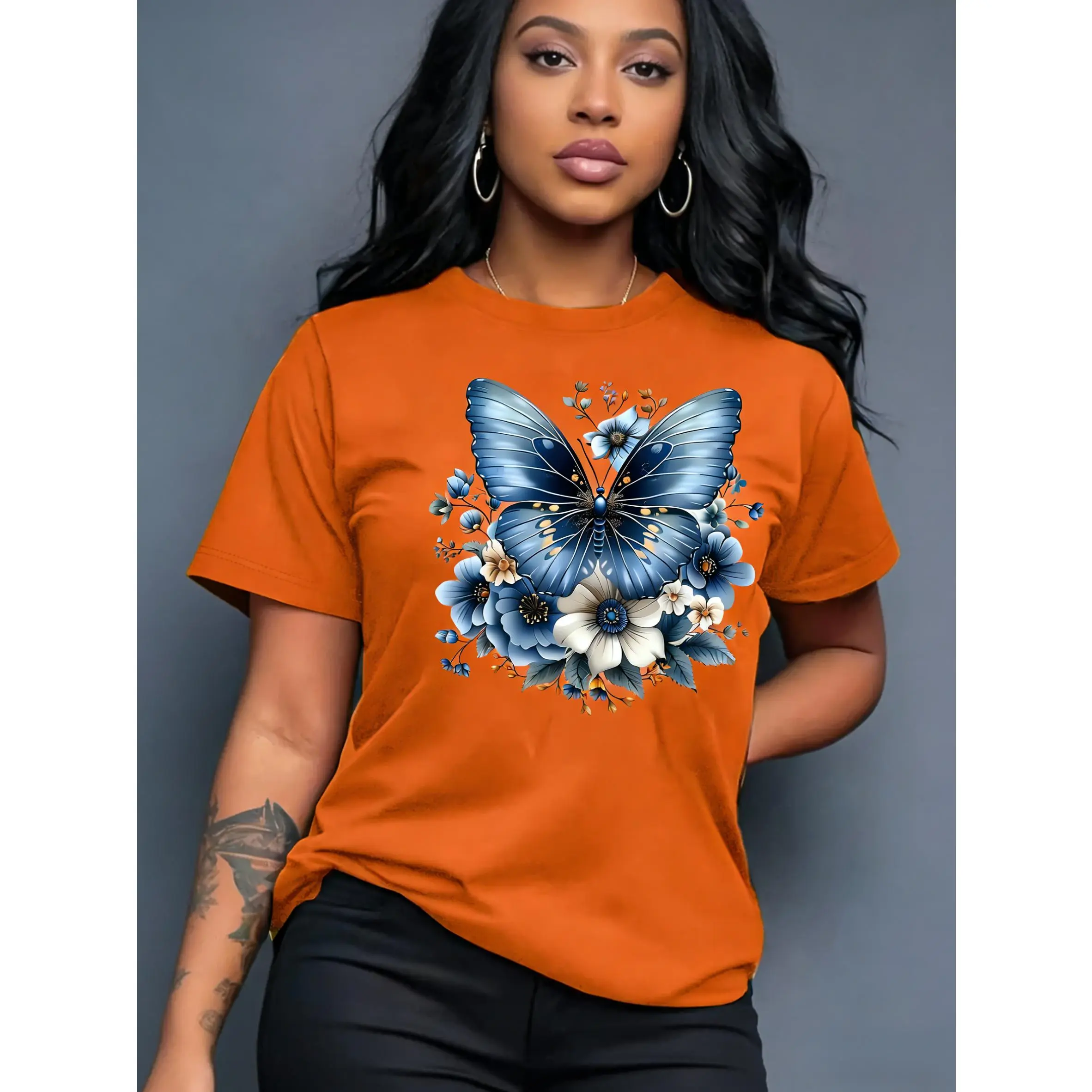 Women's Butterfly Graphic T-Shirt in Soft 100% Cotton Fabric, Casual Short Sleeved Round Neck Top for All Seasons, Asymmetrical, Basic, Christmas, Comfortable, Shortsleeve, Tshirt, Asymmetric Cut, Basic Look, Pure Cotton, Machine Washable, Comfy Casual