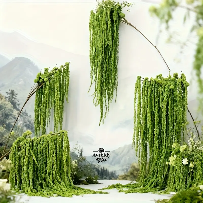 4pcs of Extra-Long Artificial Hanging Rice Flowers - Decorative Outdoor Simulated Green Plants, Hanging Green Plant Forest Scenery, Drooping Greenery with Brown Stems, Wedding Arches, Hanging Plant Vines