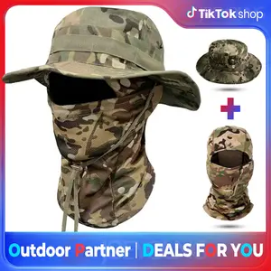 Camouflage Round-Edge Outdoor Bucket Hat Set, Detachable Neck Flap & Face Cover for Sun Protection, Breathable Mesh Vents for Hiking, Camping, Fishing, and Tactical Outdoor Activities