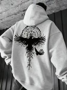 Nordic Mythology Raven Runestone Hoodie, Unisex Cool Long Sleeve Fitted Top, Dark Streetwear Casual Sporty Sweatshirt for Mythology Lovers