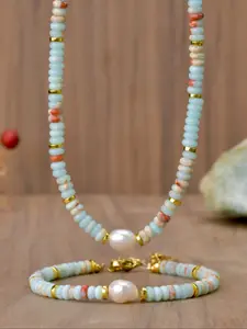 Natural Shoushan Stone Freshwater Pearl Necklace Bracelet Set, Elegant Jewelry Gift for Women, Handmade Craftsmanship