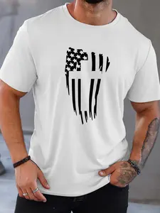 Men's Flag & Cross Print Round Neck Tee, Regular Fit Casual Short Sleeve T-Shirt for Summer, Men's Top for Daily Wear