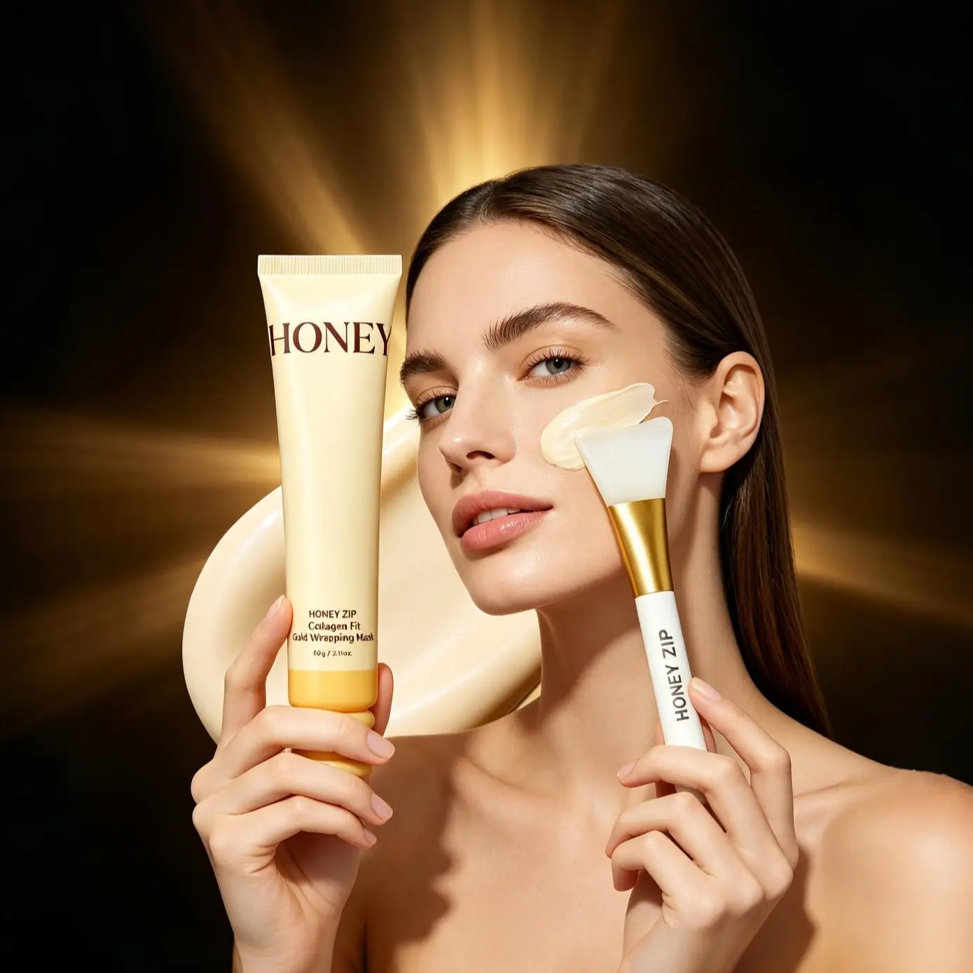 Golden Honey Radiance Collagen Mask by HONEY ZIP: Triple honey complex (honey + royal jelly + propolis) + 8D collagen for glass skin, hydration & firming. Oil-infused jelly texture—perfect for weekly intensive care.