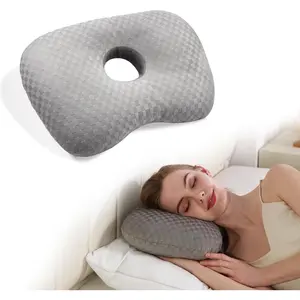 Ear Piercing Relief Pillow for Side Sleepers - Soft Hole Design Alleviates Ear Pressure Sores, Adjustable Washable Polyester Gray Pillow
