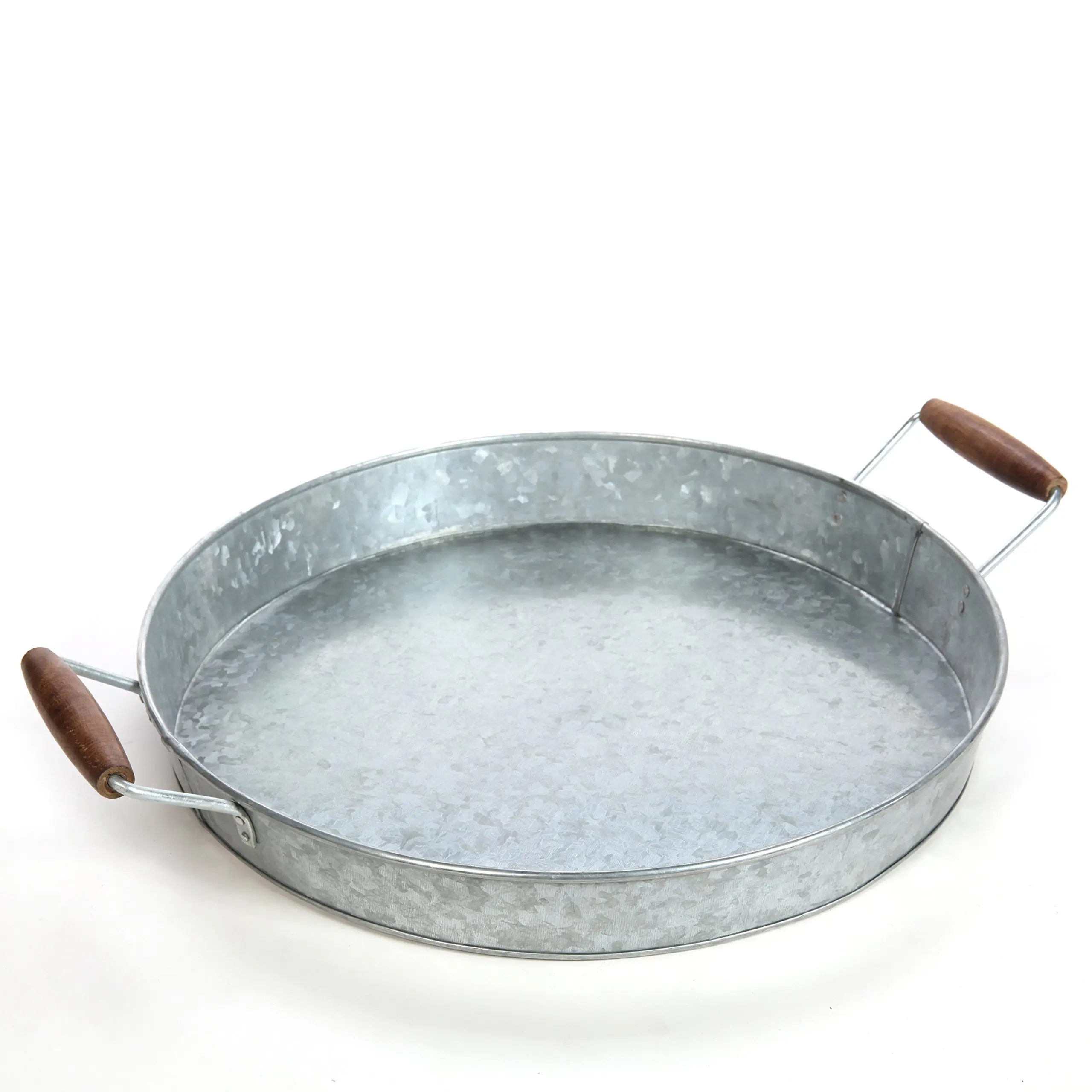Galvanized Tray with Wooden Handles - 16 Inch Diameter (Handle to Handle 19.69 Inch)