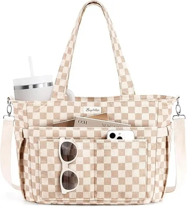 Corduroy Tote Bag for Women, 17 Pockets Laptop Work Tote Bag Lightweight Teacher Nurse Bible Bag for School Travel | with 40oz Cup Holder