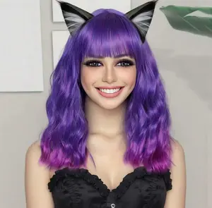 Purple-Pink Ombre Wig Short Curly Wig With Bangs For WomenPurple-Pink Wig 16" Synthetic Heat-Resistant Chemical Fiber Wig, Natural-Looking Glueless Wig, Suitable for Daily Wear, Halloween, Music Festivals & Cosplay (Beginner-Friendly)