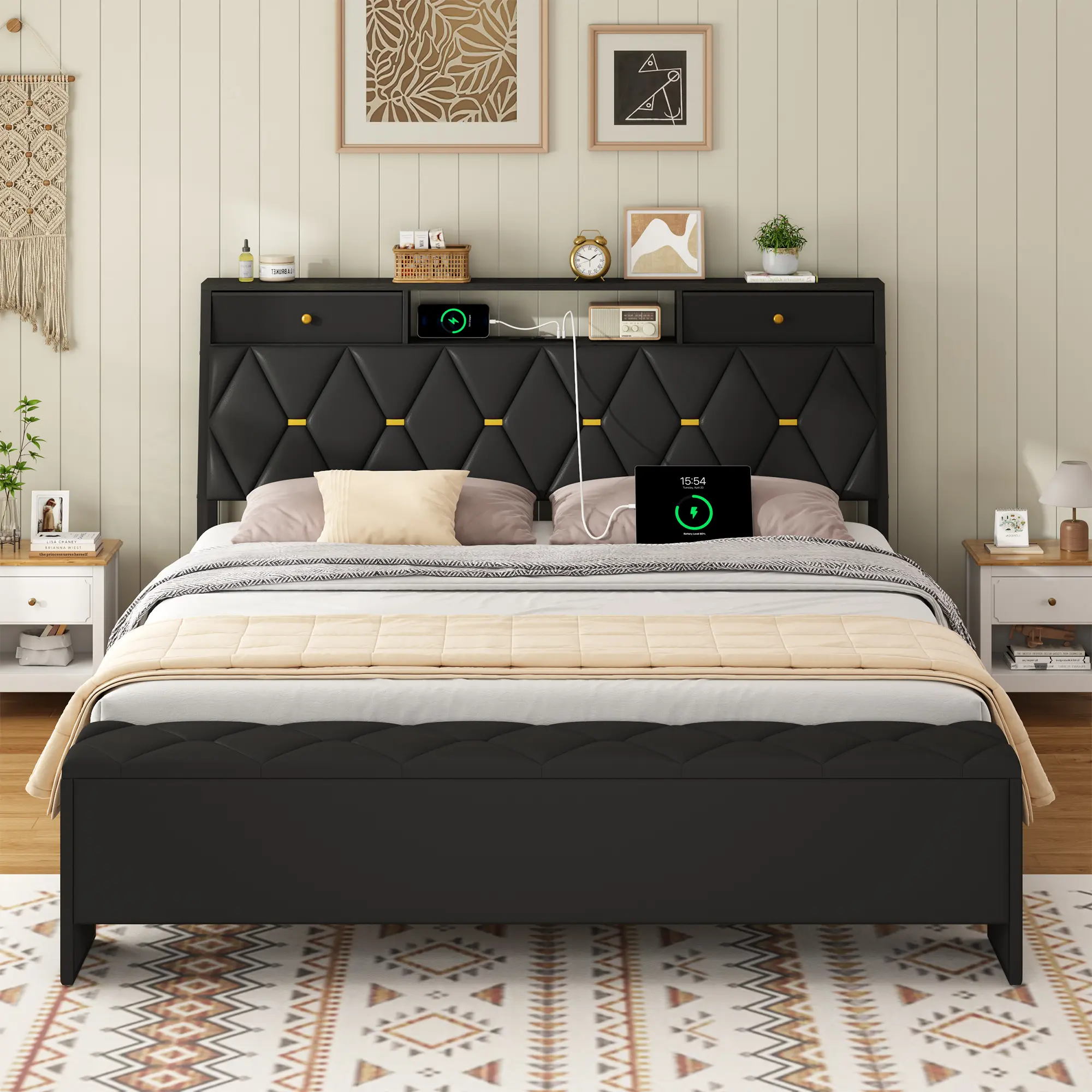 Upholstered Platform Bed FrameHeadboard, 2-Drawer Storage Bench and Charging Station, No Box Spring Needed, Black/White #homeessentials#furniture