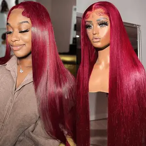 180 Density 13x4 HD Lace Front Wig Human Hair Wigs 99J Red Burgundy Colored 13x4 HD Transparent Pre Plucked Lace Frontal Human Hair Straight Wigs