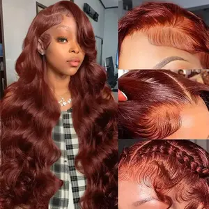 Reddish Brown Lace Front Wigs Human Hair Pre Plucked Reddish Brown Body Wave Human Hair Wig 200 Density 13X6 HD Lace Frontal Wigs Color Brown Auburn Wig Human Hair
