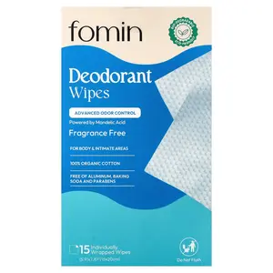 fomin Deodorant Wipes, Fragrance Free, 15 Individually Wrapped Wipes