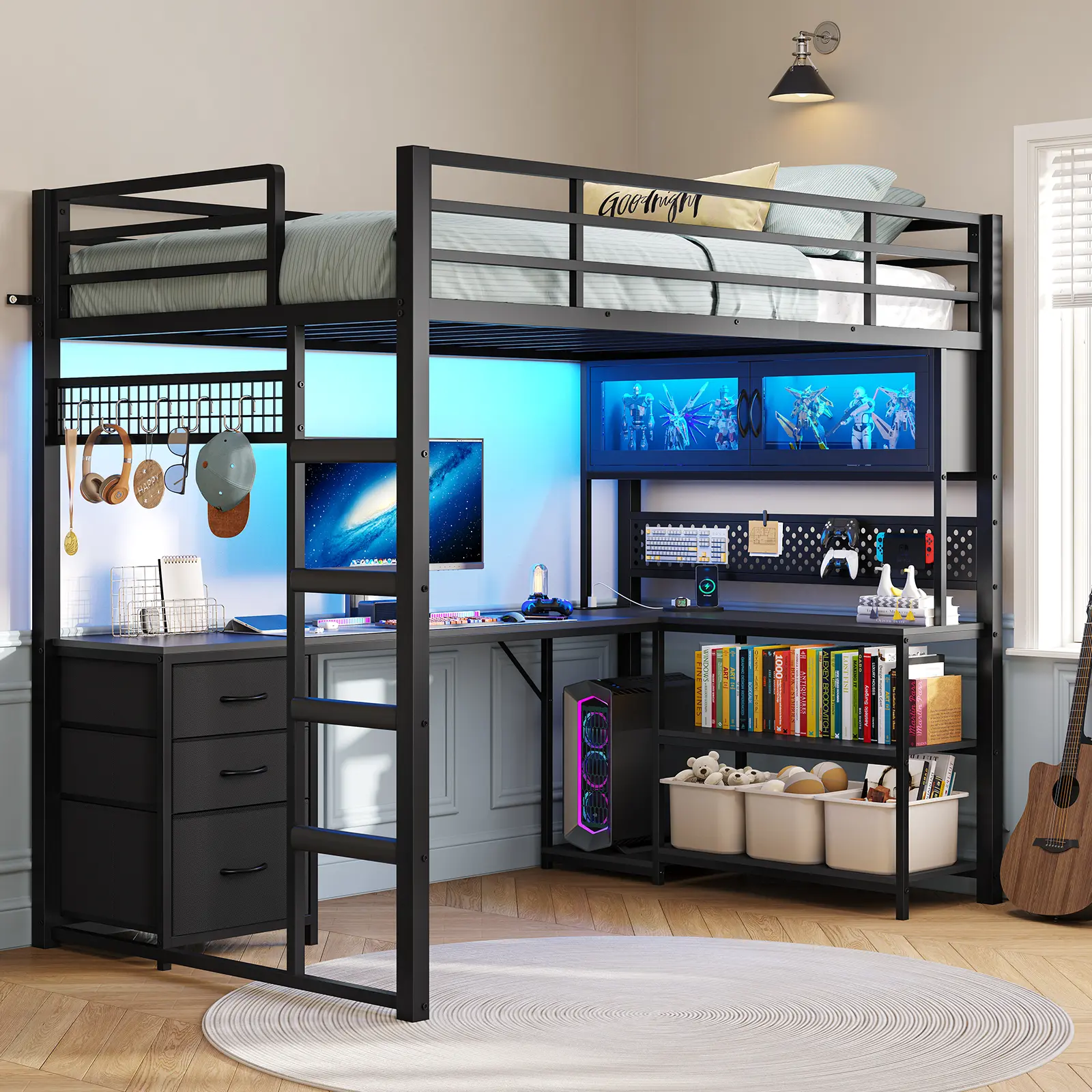 ADORNEVE Twin Bed Frame Combo - Modern Metal Frame Gaming Loft Bed with L-Shaped Desk, Storage Drawers, Acrylic Hutch, Wide Ladder, Safety Power Outlet, LED Lighting Bedroom Feature