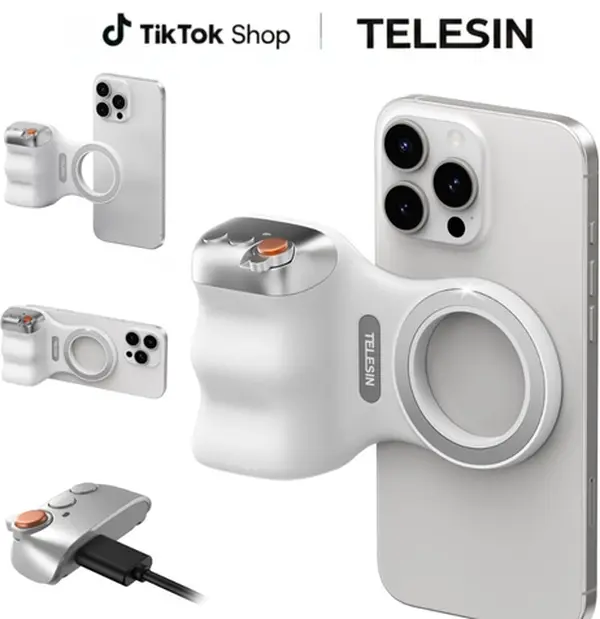TELESIN Upgraded Magnetic Phone Grip with USB-C Rechargeable Remote, 3KG Strong Magnet Camera Handle for Outdoor Sports Soccer Season, Vlogging, Steady Shots for iPhone, Android,Samsung