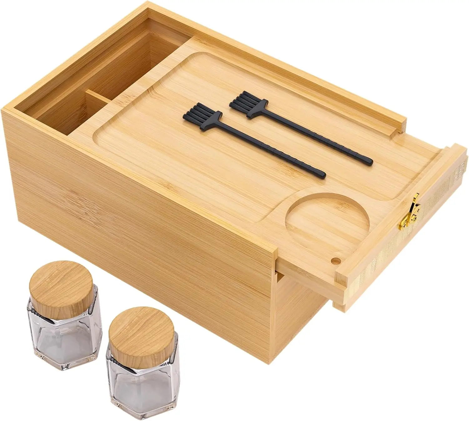 Natural Woody Bamboo 4-Compartment Rectangular Storage Box with Smooth Sliding Lid, Metal Latch & Clasp, Portable Desk Storage Organizer for Home Office (Home Supplies Bin)