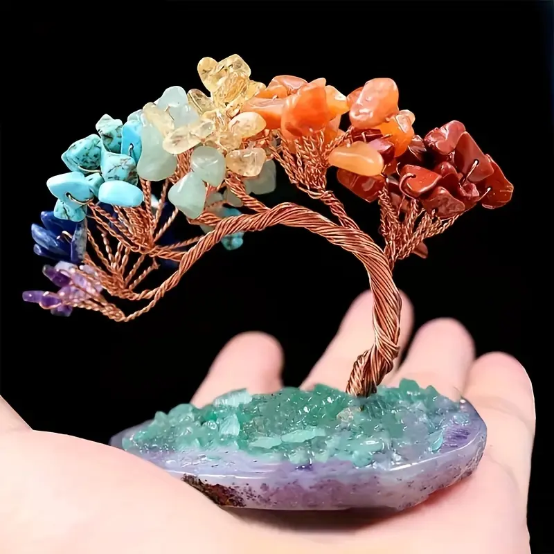 A Natural Crystal Tree with Seven Colors, Featuring an Agate Base And Green Stones, Serves As a Decorative Craft Symbolizing Wealth And Prosperity. This Handcrafted Crystal Stone Bonsai Tree Is a Beautiful Ornament.