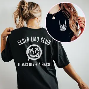 Elder Emo Club" Skeleton Hand Graphic T-Shirt |   Double Sided Print Short Sleeve Crew Neck Tee |   Emo Punk Rock Fashion Top"It Was Never A Phase" Elder Emo Club T-Shirt |   Retro Emo Punk Cotton Short Sleeve Tee |   2000s Nostalgia Fashion Top