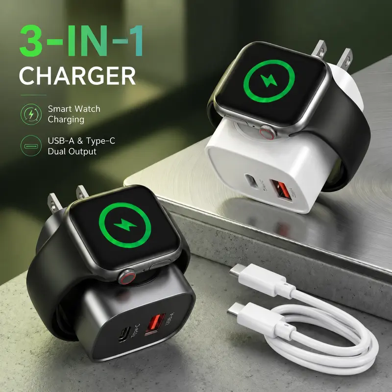 3-in-1 Magnetic Wireless PD USB-C Wall Charger Block - 20W Fast Charging with Cable, USB-A Compatible, 23W PD Boost (20V & Above), Compact Multi-Device Charging Solution for iWatch/iPhone (Ultra/9/8/7/6/SE,17/17 Pro/16/16 Pro/15 Series) & Smart Devices