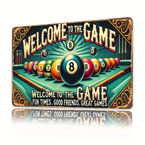 2D Flat, 1pc Vintage Billiard Room Welcome Sign - Heavy-Duty Iron 8x12 Inch Weatherproof Billiard Table Wall Art with Vintage Green Felt, Numbered Balls, and Cue Design - Indoor/Outdoor Game Room Decor, Suitable for Home, Bar, for Man Cave