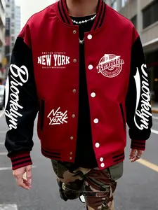 Trendy Brooklyn Pattern Baseball Jacket, Colorblock Sleeves, Perfect for Travel, Sports, Parties, Casual Outerwear for All Seasons, Colorblock Print Jacket
