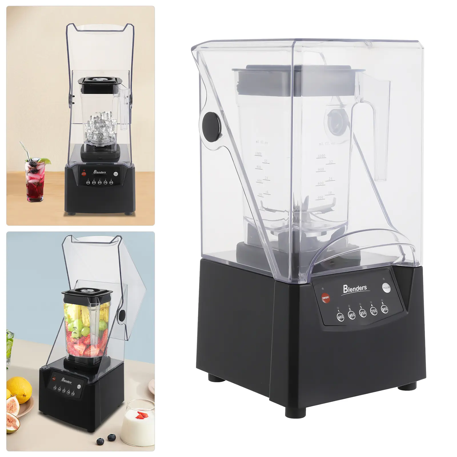2600W Low Noise Quiet Operation Blender Machine, 0.48 Gal Capacity, 5 Time Settings, Stainless Steel Blades, US Standard Plug, Square Shape Single Unit for Home Kitchen Milkshakes & Blueberry Smoothies