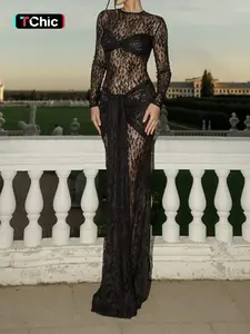 Styles by Faith Howard Women's Ruched Sheer Floral Lace Bodycon Dress, Elegant Long Sleeve Round Neck Maxi Dress for Party Holiday Wedding Guest, Ladies Fall & Winter Clothes