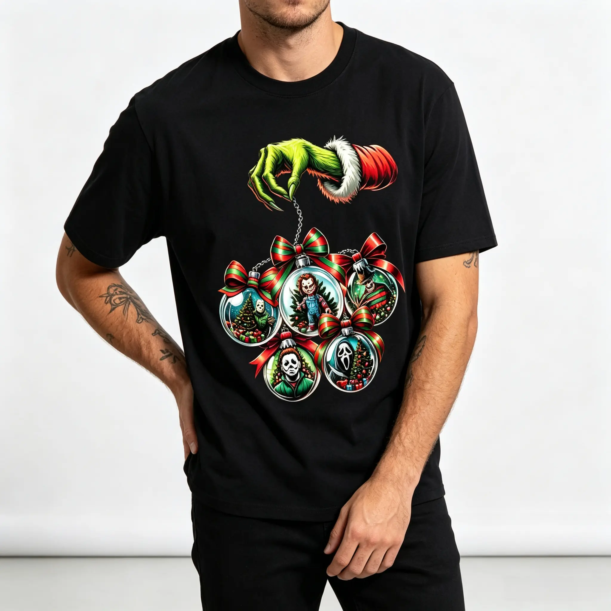 Grinch Hand Hanging Horror Movie Characters Christmas Ornaments Graphic Tees Men's T Shirts 100% Cotton Crewneck Short Sleeve Humor Funny Cotton Graphic Tees Spooky Christmas Streetwear Gift For Horror Movie Xmas Fans