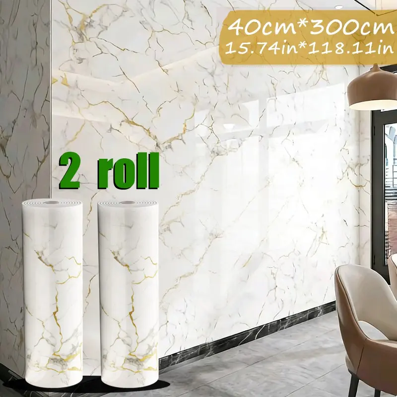 2 Rolls Self-Adhesive Marble Pattern Decorative Wallpaper, Fireproof Waterproof Wall Material, 15.75in X 118.11in, Living Room Decor, Realistic Marble Look