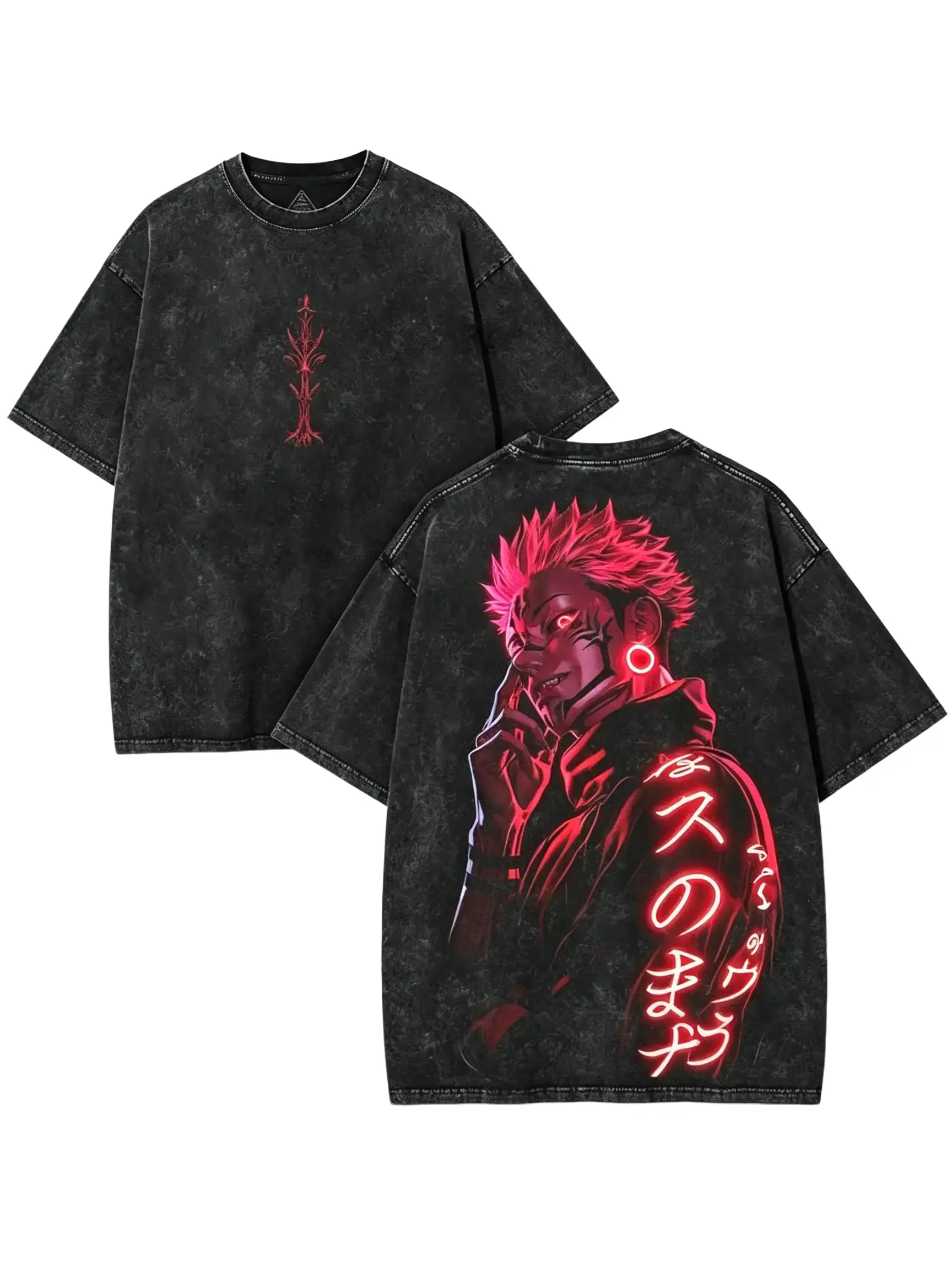 Anime Demon Graphic T Shirt,Front Back Vintage Washed Neon Red Manga Oversized Loose Cut,Soft Breathable Cotton Fabric,Unisex Anime Fans Teens Adults,Daily Street Anime Expo Casual Outfit,funny graphic shirt,casual streetwear top,Design T-shirts.