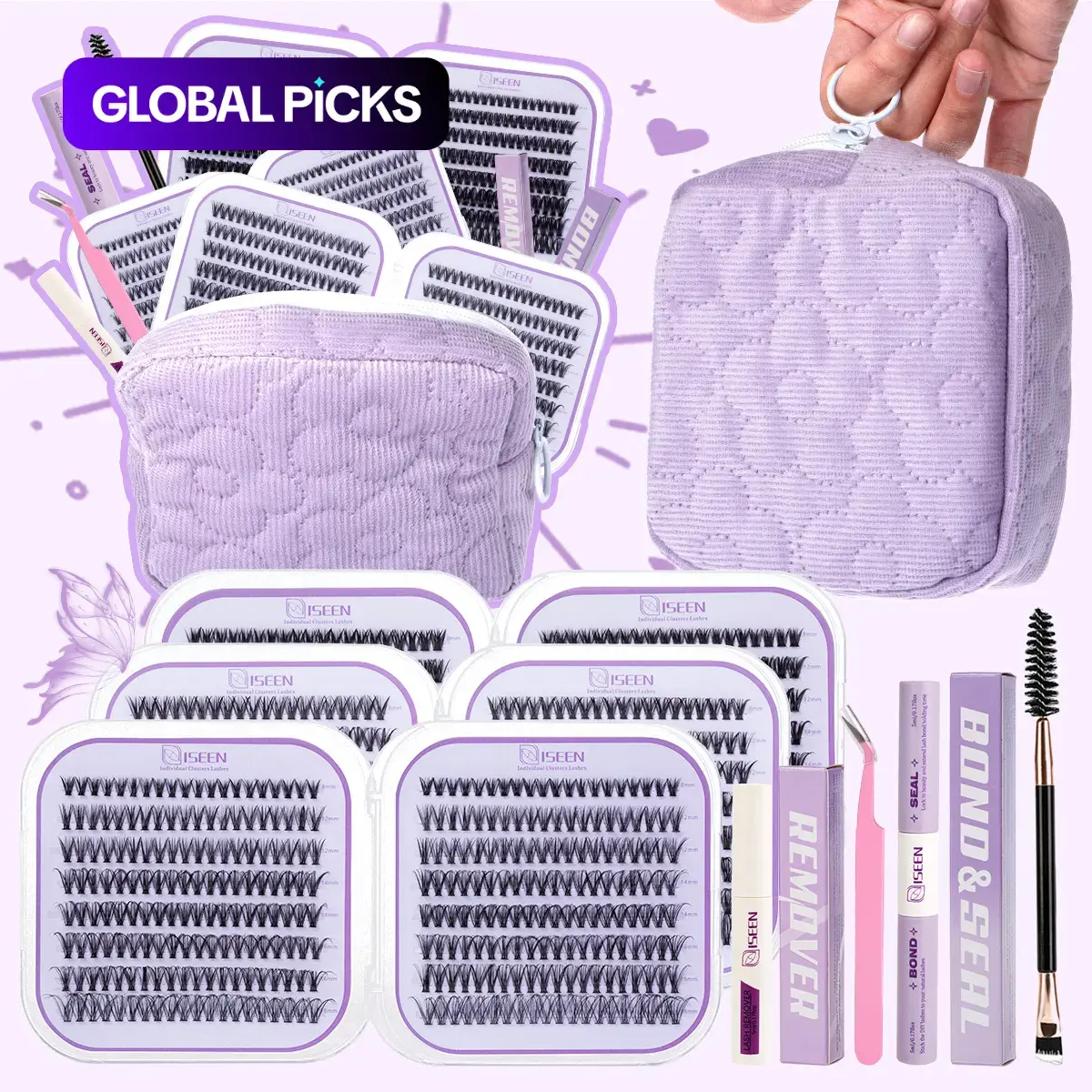 False Eyelashes Kit, High Quality Eyelashes, DIY Eyelash Extensions Set with 8-18 mm Mixed-Length Lash Clusters, Bond and Seal, Brush, Tweezers and Makeup Bag, Eye Makeup Accessories, Cosmetic #GLOBAL PICKS