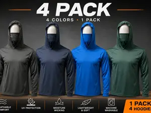 4 Pack Hoodie face mask long sleeve T-Shirt 100% polyester material fits to size quick dry good for UV sun protection comes with facemask