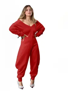Comfortable Elastic Fabric V-Neck Sporty Jumpsuit for Women, Lady Long Sleeve One-Piece Sweatshirt, Slimming Fitted Cut Sexy Minimalist Casual Home Wear, Womenswear Garment