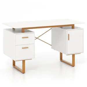 COSTWAY - 51 Inch Computer Desk with Floating Desktop and Dual Drawers-White