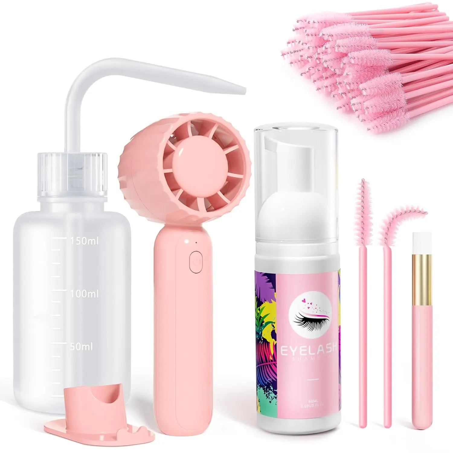Lash Cleaning Kit - Lash Shampoo Kit Eyelash Extension Cleanser for Extensions 60ML with Rechargeable Handheld Lash Fan Dryer Mascara Brush Rinse Bottle Makeup Cleansing Foam for Lash Care
