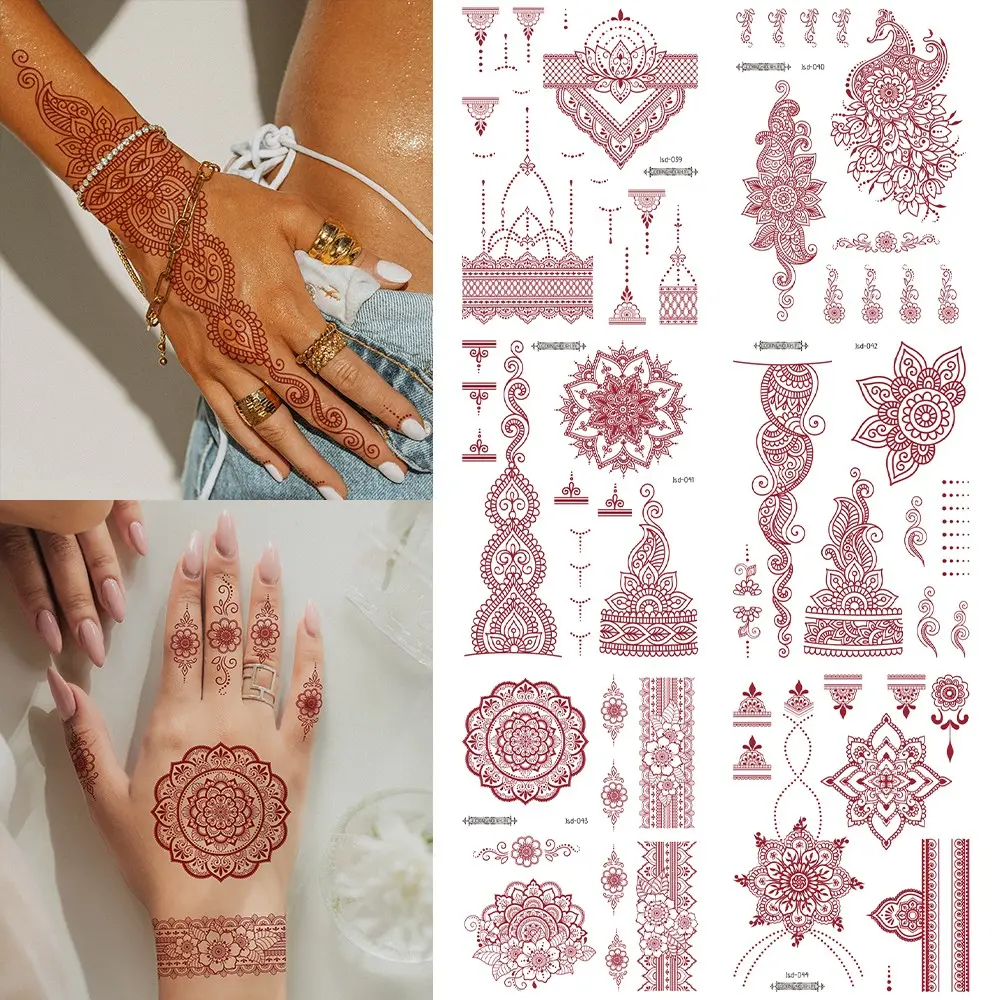 6 Piece Temporary Waterproof Henna Tattoo Stickers, Brick Lace Geometric Floral Mandala Flower Design, Party and Holiday Use, Multiple Patterns Available