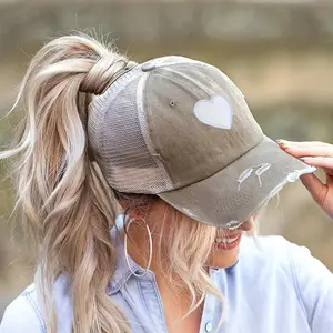 Women's Baseball Cap with Ponytail Hole - Distressed Heart Embroidery, Breathable Mesh Brim, Comfortable for Daily Wear & Outdoor Sports