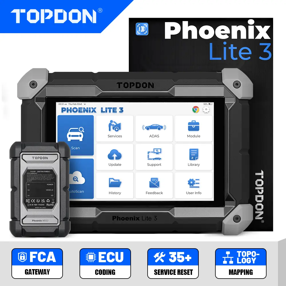TOPDON Phoenix Lite3 2025 Upgraded Compact Vehicle OBD2 Scanner (Successor to Lite 2) – Bidirectional Auto Tool with CAN-FD, 35+ Reset, Topology Mapping, ECU Coding, ECU Reflash Access, Actuator Test Mode, FCA Autoauth, Car Battery Tester for Repair Shops
