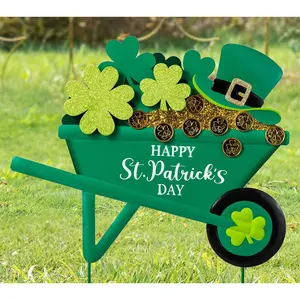 Glitzhome 24"H St.Patrick's Shamrocks Wagon Garden Stake