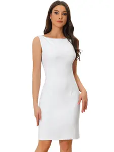 INSPIRE CHIC Sleeveless Sheath Dress Women's Boat Neck Teacher Casual Office Dresses White