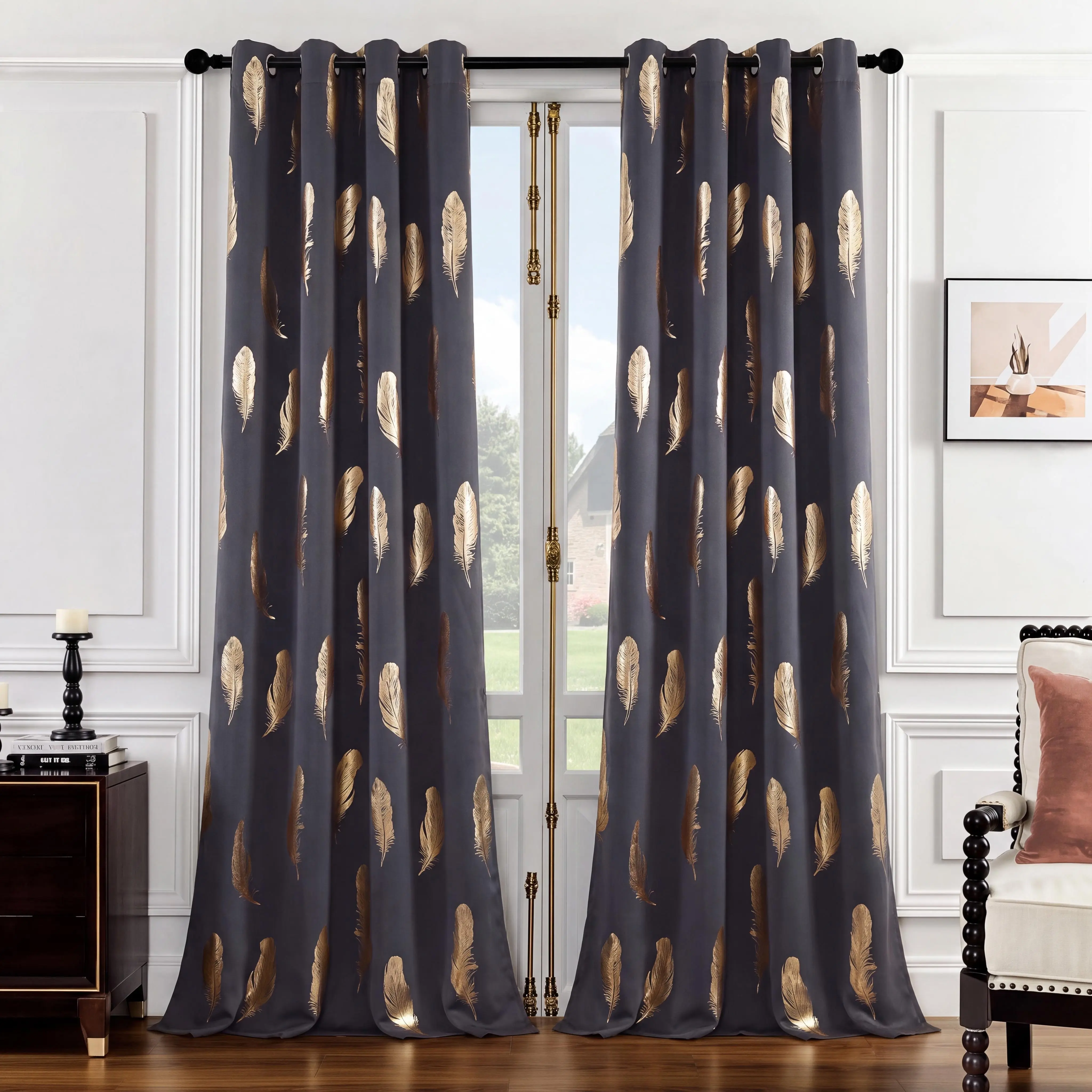 2 Panels  52"X84" Foil Metallic Printed Grommet Blackout Curtains, Thermal Insulated Noise Reducing Window Drapes, Room Darkening Curtain Panels for Bedroom Living Room Thick Polyester Full Blackout  , Energy Saving Heat Blocking  ,   QF536
