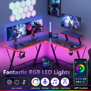【Holiday Haul】Mr IRONSTONE L Shaped Gaming Desk with Led Lights Corner Computer Desk with Cup Holder and Headphone Hook, L shaped desk, Home Office Desks Writing Workstation with Large Monitor Stand, Easy to Assemble (Black,51 Inch)