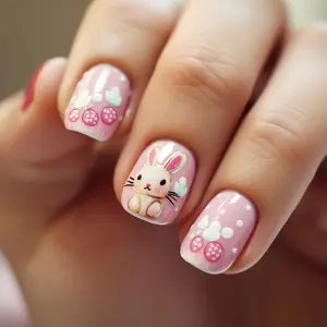 Easter Press on Nails Short Square Fake Nails Cute Easter Rabbit Nails Kit with Easter Egg and Cloud Designs, 24 Pieces, Glossy, Almond, Plastic, Gel