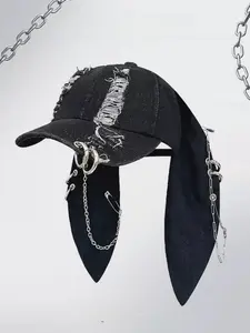 Unisex Wasteland Style Bunny Ear Baseball Cap, Adjustable Snapback, Punk Denim Trucker Hat with Chain, Streetwear Hip Hop Costume for Halloween Party