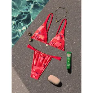 Women's Floral Print Bikini Set, Sexy Tie Back Triangle Swim Bra and Swim Thong Set, Women's Beach Vacation Valentine's Day Swimwear, Gift, Bikini Set Teal One-Piece Swimsuit